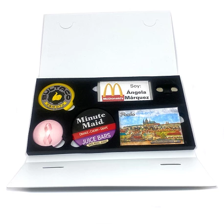 White sample box buttons and magnets